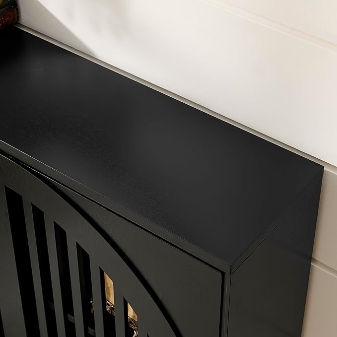KEIKI 39" Mid Century Modern Fluted Sideboard Cabinet with Storage & Outlet Holes, Narrow Buffet Cabinet, Solid Wood + MDF, for Living Room, Entryway, Hallway, Kitchen, Coffee Bar, Black