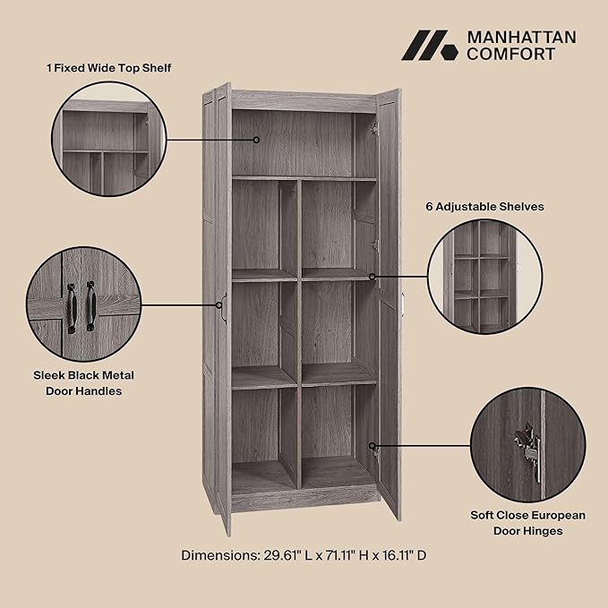 Manhattan Comfort Cornelia Modern Tall Storage Cabinet with Doors and Adjustable Shelves 1.0 - Freestanding Pantry Organizer for Kitchen, Laundry Room, Garage, or Mudroom, Set of 2, Grey