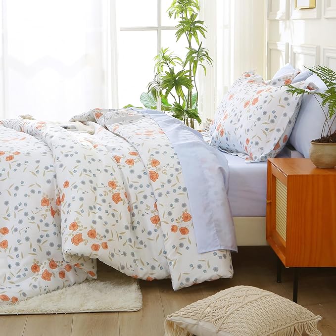 MUXHOMO Orange Blossom Bed in a Bag King 7 Pieces, King Comforter Set Reversible Botanical Flowers Design, Ultra Soft & Breathable Bedding Sets with Comforter, Sheets, Pillowcases & Shams