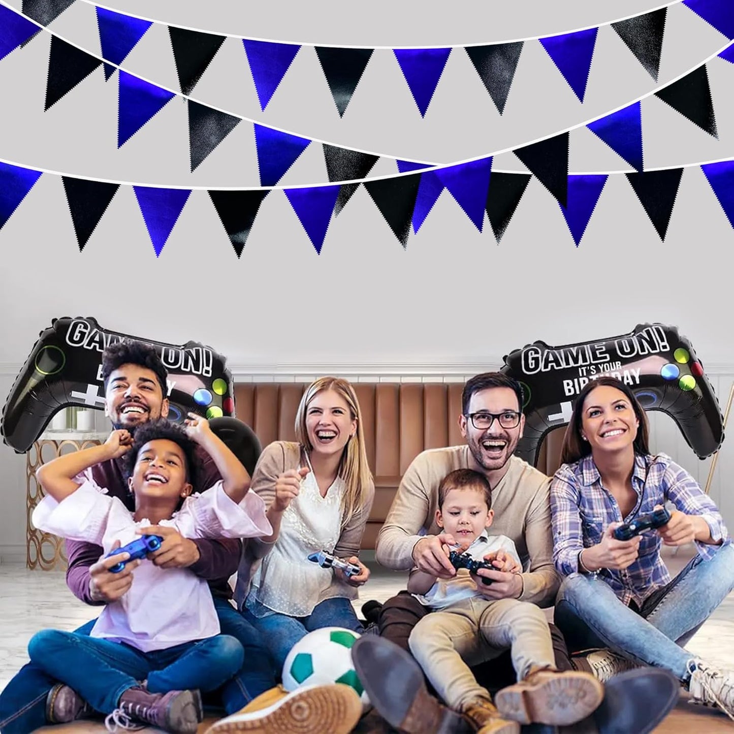 Royal Blue Black Party Decorations Navy Black Metallic Fabric Triangle Pennant Banner Flag Bunting Garland for Graduations Birthday Retirement Wedding Bachelorette Nautical Outdoor Party Supplies