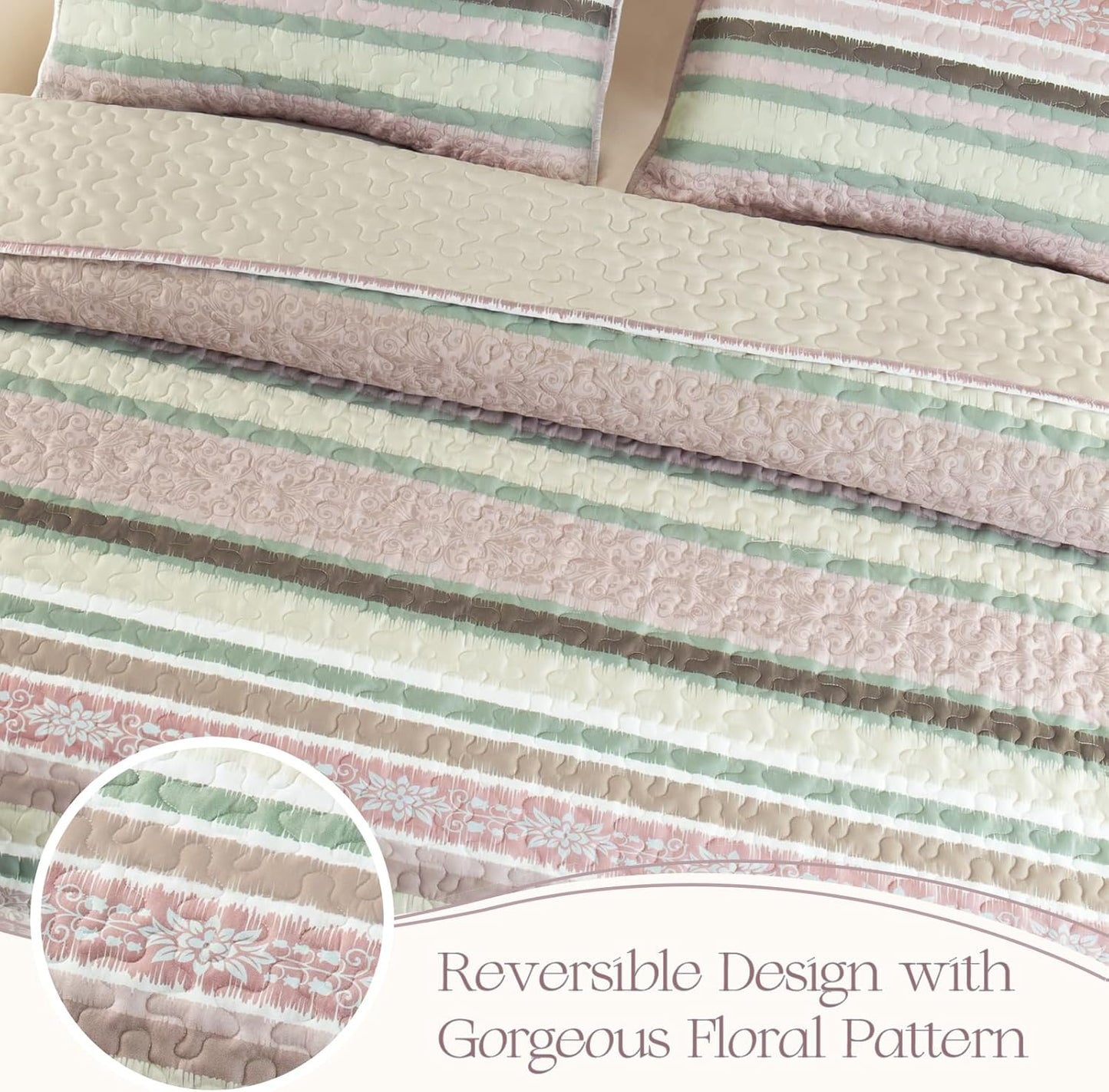 Exclusivo Mezcla Reversible Boho Quilt Set Queen Size, 3 Pieces Bohemian Pink All Season Bedspreads, Ultra Soft Floral Coverlet Bedding Set with Printed Pattern (1 Quilt, 2 Pillow Shams)