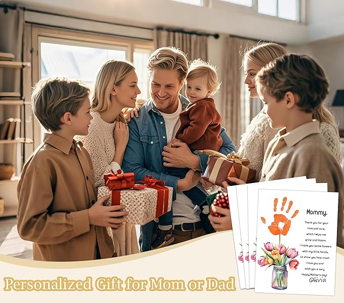Tulips Flower Handprint Craft DIY Kit, 10 Bulk Personalized Mothers Day Cards, 8.5x11 Inch DIY Handprint Keepsake Art for Classroom Family Party Supplies, Mothers Day Gifts for Wife, New Mom, Mommy