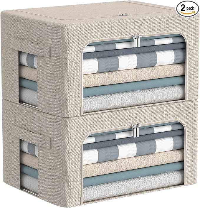 CYhom Clothes Storage Bins Box - Linen Fabric Foldable Stackable Container Organizer Set with Clear Window & Carry Handles & Metal Frame - 2Pack Large Capacity for Bedding, Blankets, Books
