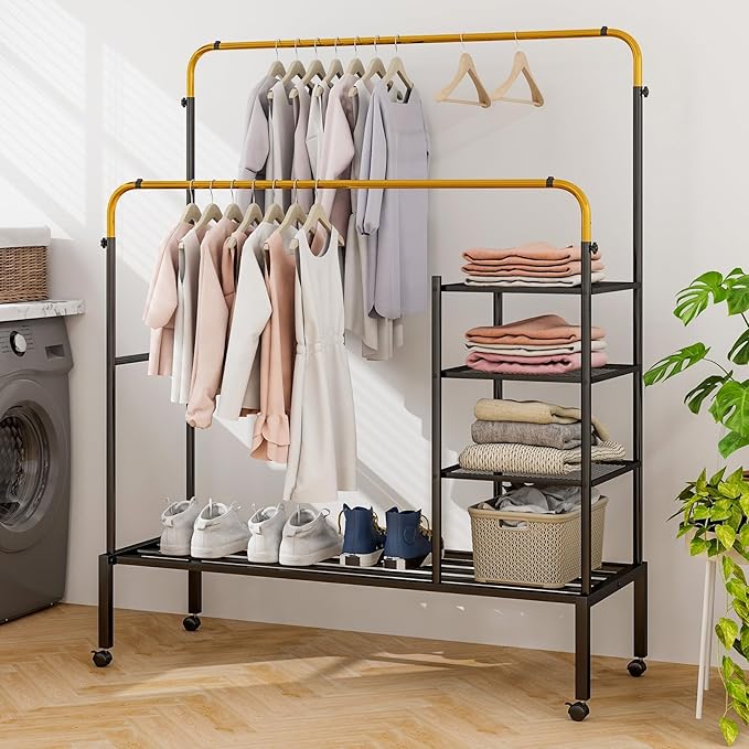 Tangkula Rolling Double Rods Garment Rack, Clothes Drying Rack with Height Adjustable Hanging Bars, Storage Shelves & Lockable Wheels, Heavy-duty Steel Clothing Rack for Indoor & Outdoor Use (Gold)
