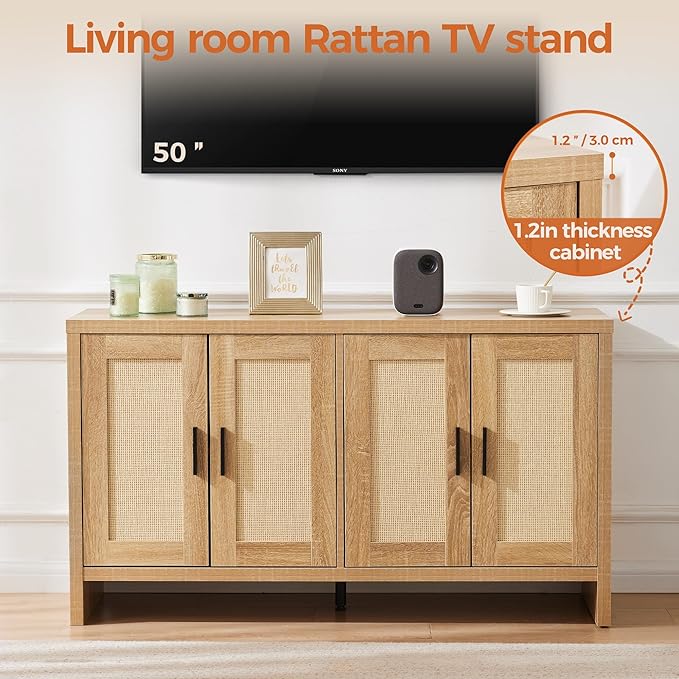 Mericonia Rattan Buffet Cabinet with Storage, Sideboard with Doors, Console Table, Farmhouse Coffee Bar, Modern Wood Long Cabinets for Livingroom, Kitchen(Driftwood Gray)
