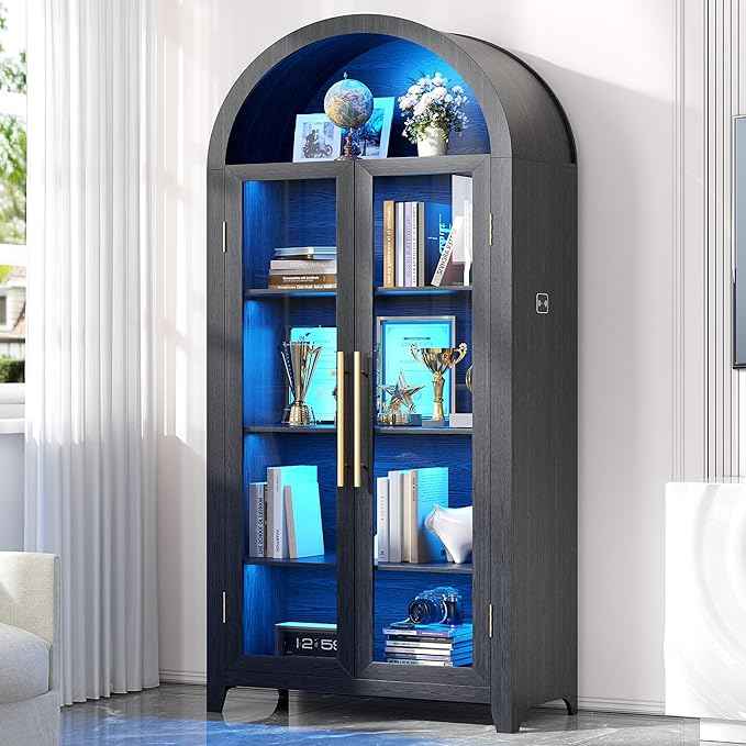 Vlsrka 71" Arched Storage Cabinet with Doors, Display Cabinet with LED Light & Human Sensor, 5-Tier Display Cases for Collectibles, Curio Cabinet with Ajustable Shelf for Living Room, Black