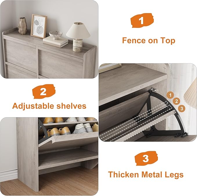GarveeHome Shoe Cabinet with 4 Flip Drawers, Wooden Shoe Organizer Cabinet with Adjustable Shelf, Shoe Storage for Entryway, Hidden Shoe Cabinet for Hallway, Living Room, Grey