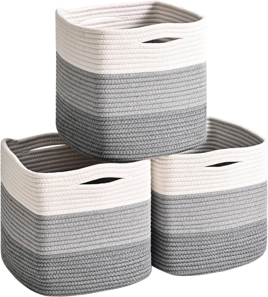 11 Inch Cube Storage Bins, Storage Cube Organizer Bins, Woven Cotton Rope Basket for Storage, Storage Baskets for Organizing Shelves, Grey Baskets for Toys, Gradient Grey (Pack of 3)