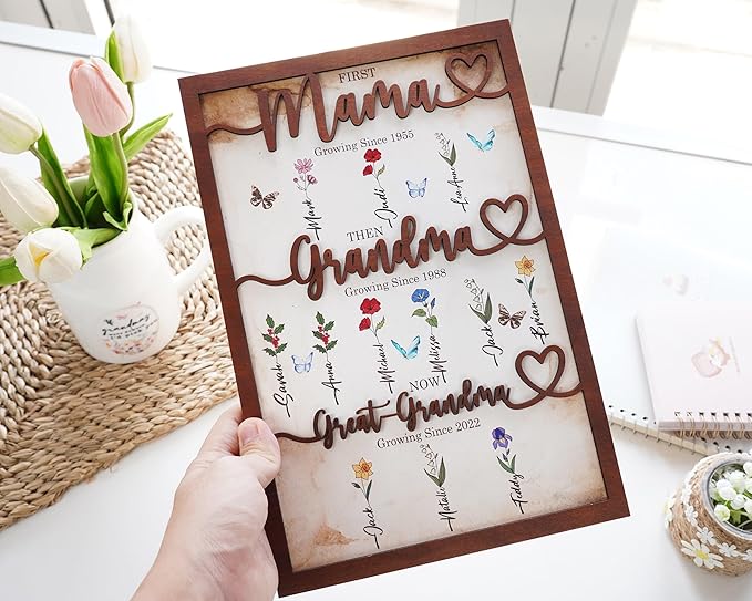 First Mom Now Grandma Wood Frame with Phone Stand Gifts Mothers Day New Grandmother Custom Grandma's Garden Plaque Birth Month Flowers Sign with Grandkids Names, Birthday Gift for Nana, Dog Cat