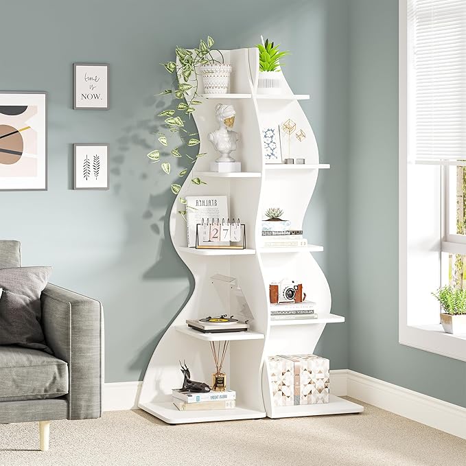 Tribesigns Corner Shelf, Modern 5-Tier Wall Corner Bookshelf, Stylish Corner Small Bookcase Storage Rack Plant Stand with Unique Shape for Living Room, Home Office (White, 1PC) | Stylish, Storage Rack, Plant Stand, Unique Shape, Living Room, Home Office