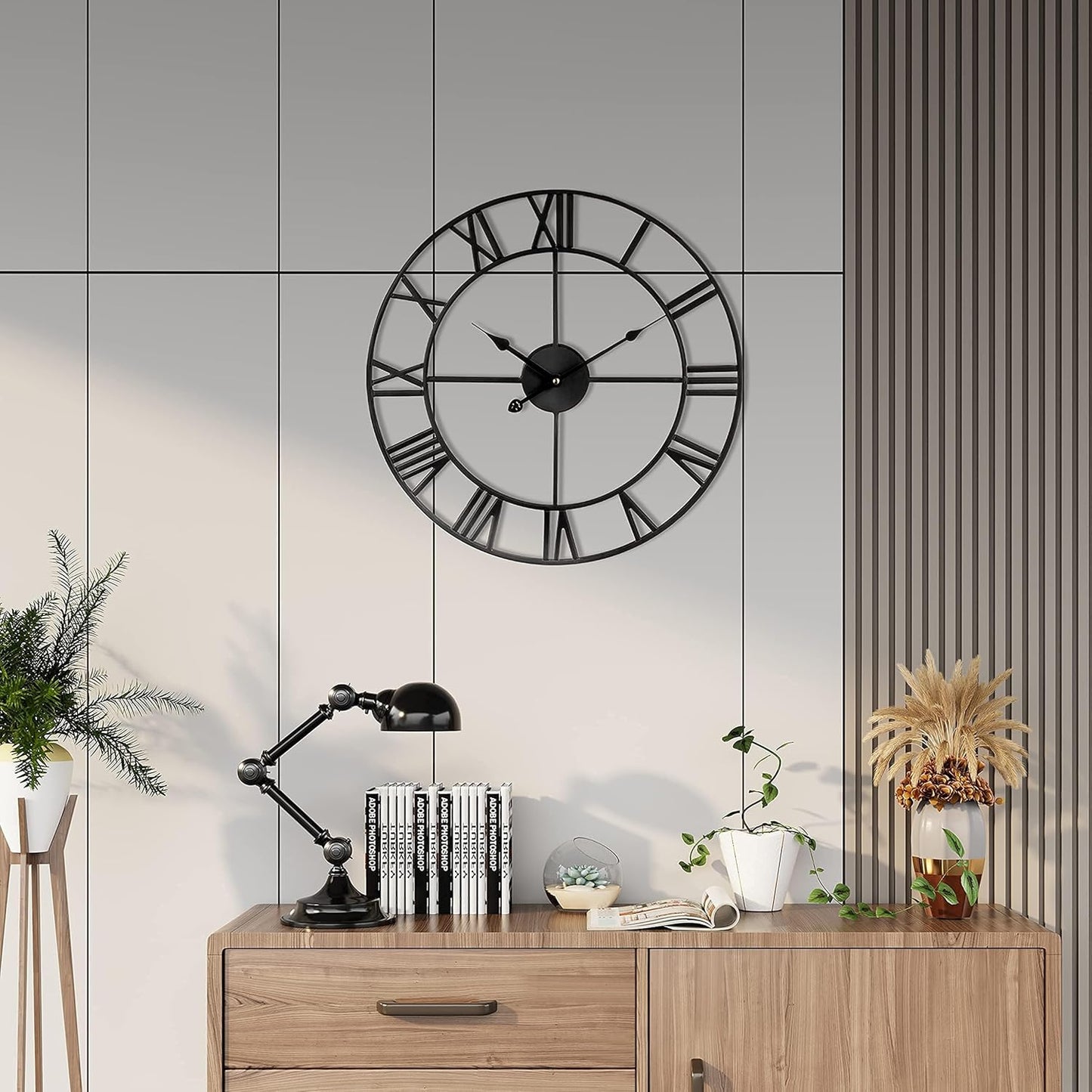 1st owned Large Wall Clock Silent Non-Ticking Roman Numerals Vintage Battery Operated (24 inch,18inch,16inch) Farmhouse Wall Clock for Living Room, Bedroom, Kitchen, Cafe Decor-Black 47CM