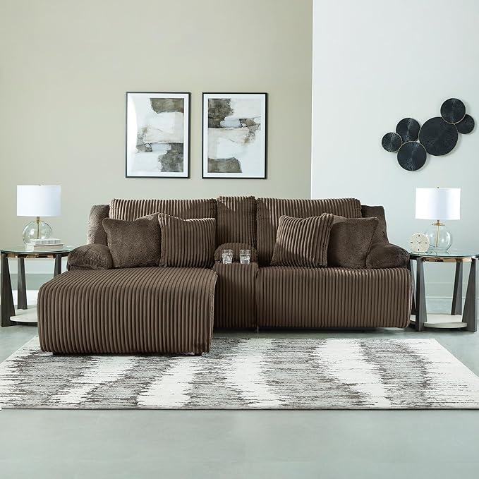 Signature Design by Ashley Top Tier Contemporary L-Shaped Left-Arm Facing 3-Piece Reclining Sectional Sofa with Chaise, Console Storage and 4 Accent Pillows, Dark Brown