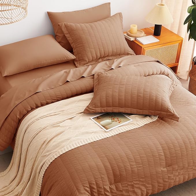 CozyLux Full Size Comforter Sets with Sheets Seersucker 7 Pieces Pumpkin Bed in a Bag Textured Luxury Soft Bedding Set with Down Alternative Comforter, Sheets, Pillowcases & Shams for All Seasons