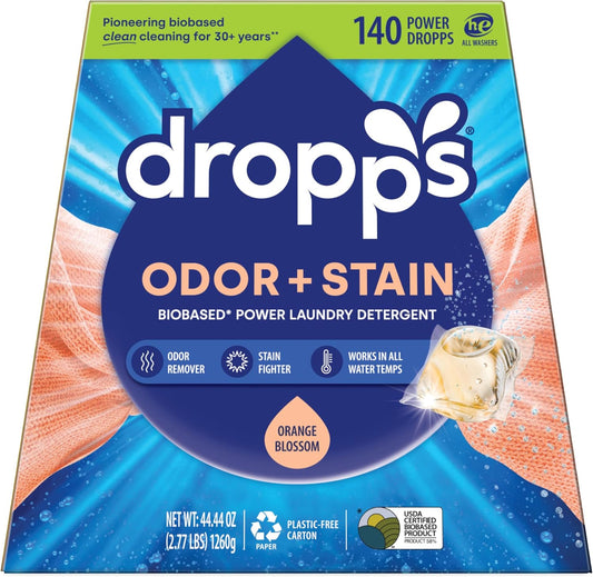 Dropps Odor & Stain Biobased Power Laundry Detergent Pods, Orange Blossom (140 Count) - HE Compatible Laundry Pods for Fresh Clothes - Laundry Soap Supplies & Recyclable Paperboard Packaging - Décor Diaries