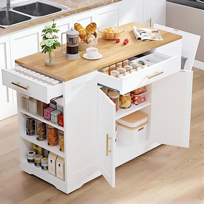 YITAHOME 53 inch Large Rolling Kitchen Island with Trash Can Storage Cabinet, Portable Mobile Islands Table Long Floating Movable w Wheels Cabinet for 13 Gallon Garbage Bin 2 Drawer, White Oak
