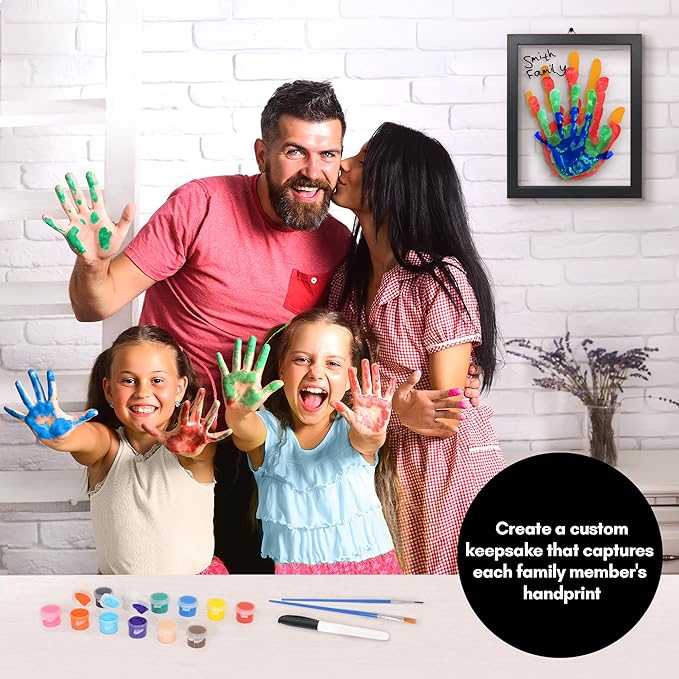 Americanflat Family Handprint Kit with Polished Plexiglass - 8x10 Frame with Five Panels for DIY Prints - Includes Washable Paint, Brushes and Marker - Keepsake Frame for Wall Display - Black