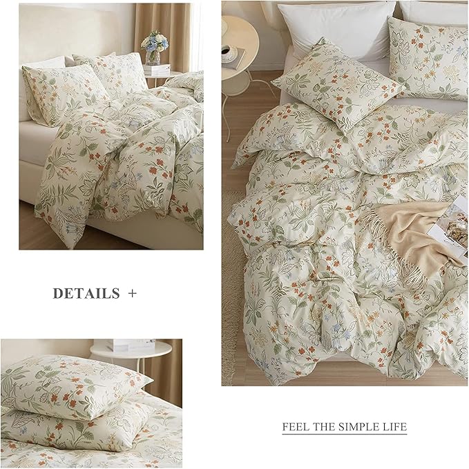 Vintage Floral Comforter Set Full Garden Style Flower Leaves Botanical Bedding Comforter with 2 Pillowcases Fluffy Soft Girls Cottagecore Bedding Set Aesthetic Flower Comforter Set for All Season
