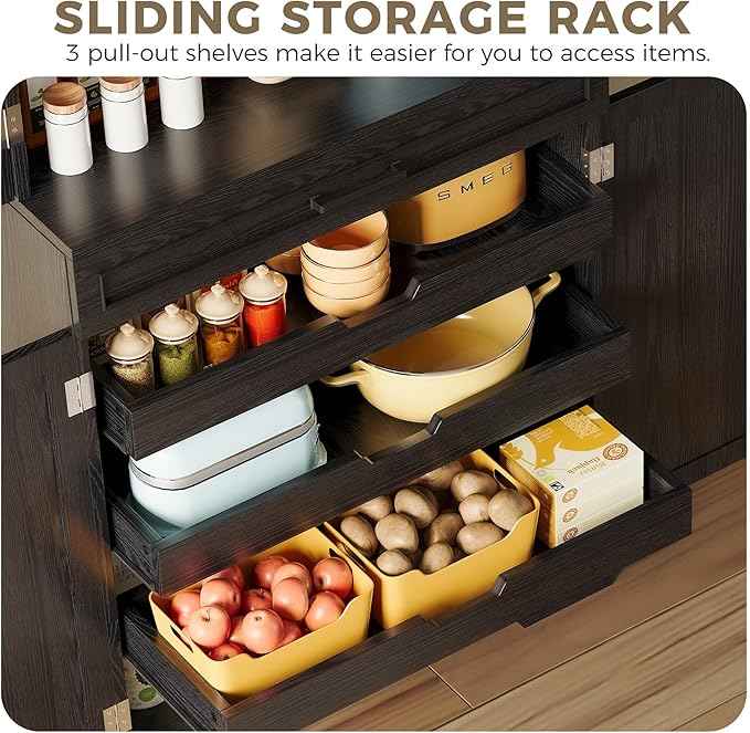 IRONCK Farmhouse Kitchen Pantry Cabinet, 72" Height Tall Freestanding Cupboard with Sliding Storage Rack and 6 Hanging Shelves for Kitchen, Dining Room, Black