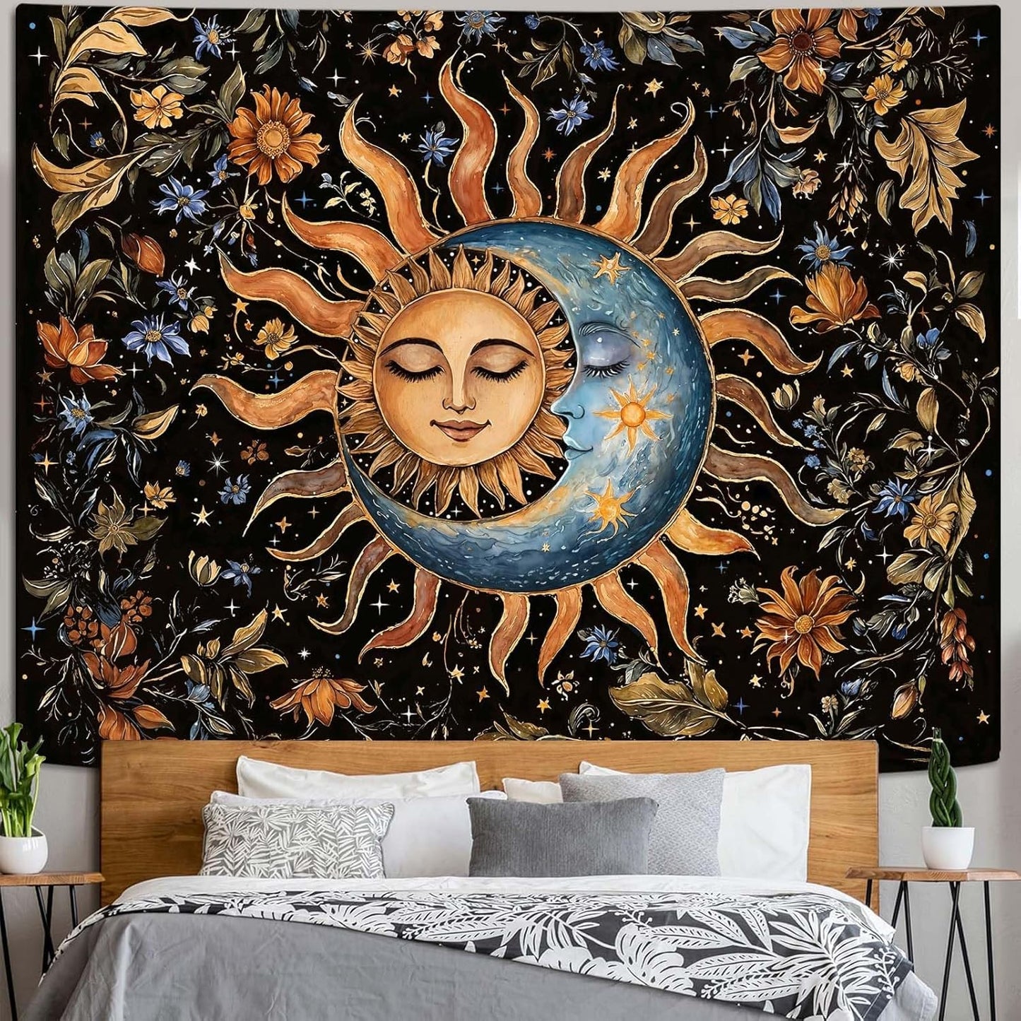 Aipon Sun and Moon Tapestry for Bedroom Boho Vintage Floral Hippie Wall Tapestry Aesthetic Retro Flower Plant Small Tapestries Wall Hanging for Living Room Dorm Decor 48 x 36 Inch