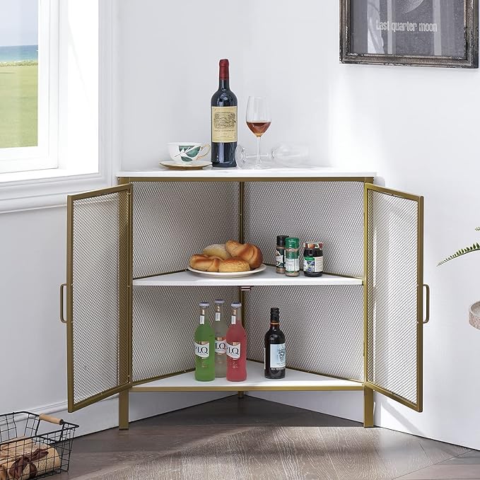 VECELO Corner Cabinet/Table, 3-Tier Display Shelves with Protection Door, Metal Frame Storage Shelf Organizer for Small Space, Living Room, Kitchen, Bathroom