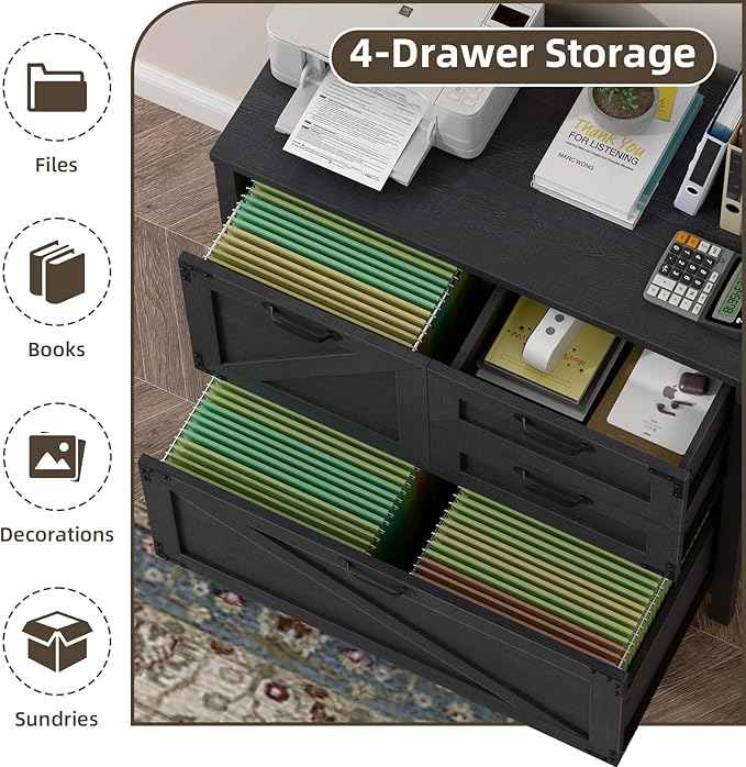 Vabches Wood Lateral File Cabinet with 4-Drawer for Hanging Files Letter/A4/Legal Size, Large Farmhouse Filing Cabinets for Home Office, Printer Stand with Office Cabinet, Office Furniture, Black