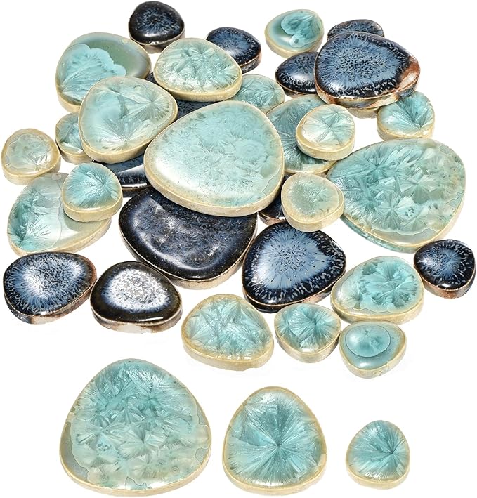MECCANIXITY 200g Ceramic Mosaic Tiles for Crafts Bulk, Pebble Blue and Green Ceramic Tiles for Mosaic Kits Garden Stepping Stone Cup Mat