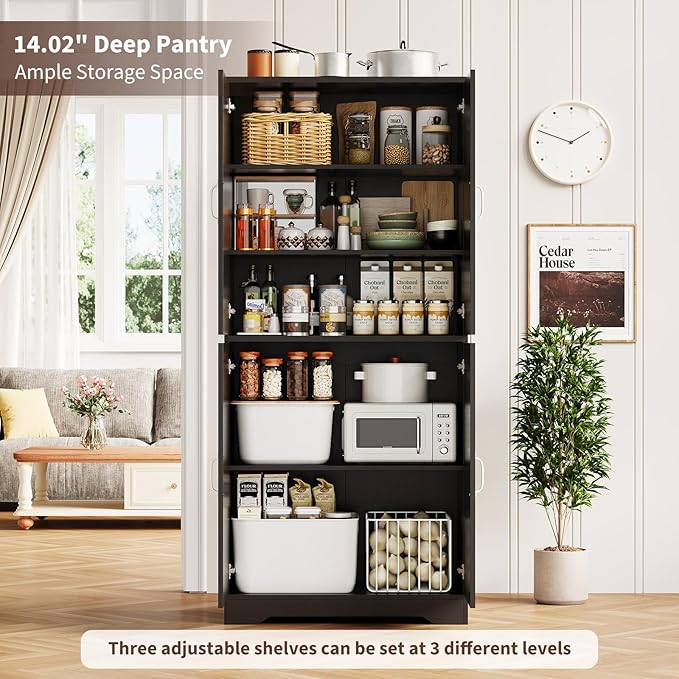 IDEALHOUSE 70" Kitchen Pantry Storage Cabinet, Farmhouse Kitchen Cabinet with 4 Doors & 3 Adjustable Shelves, Freestanding Cupboard for Dining Room,Living Room,Black