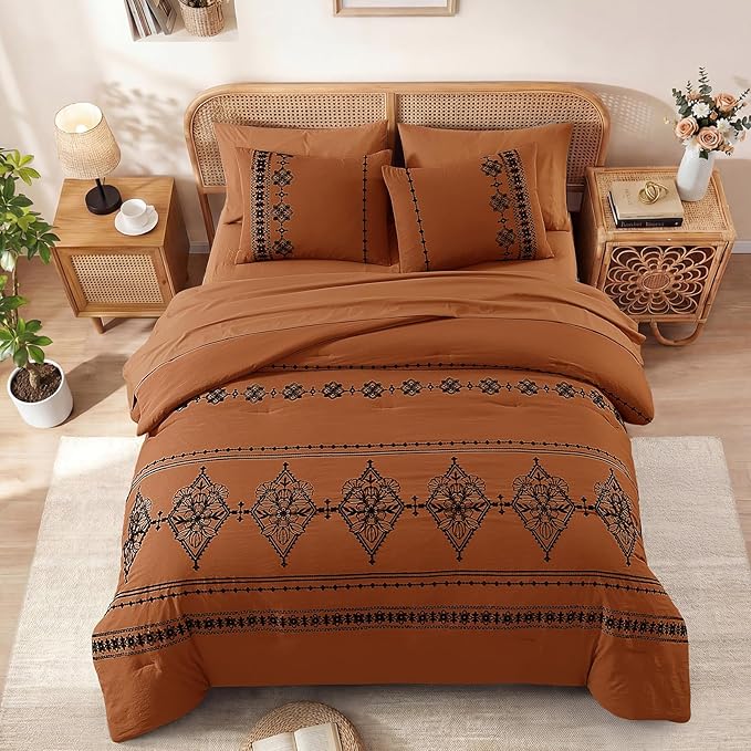MaiRêve King Size Comforter Set Burnt Orange, Embroidery Floral Western Boho Bedding Set, All Season 7 Pieces Bed in a Bag with Sheets, Pillowcases & Shams