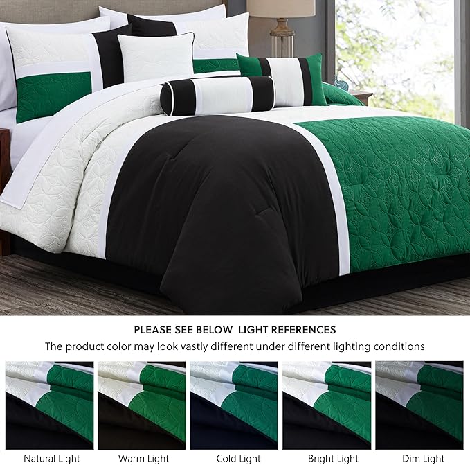 Chezmoi Collection Upland 7-Piece Quilted Patchwork Comforter Set, Green/Black/Cream White, King