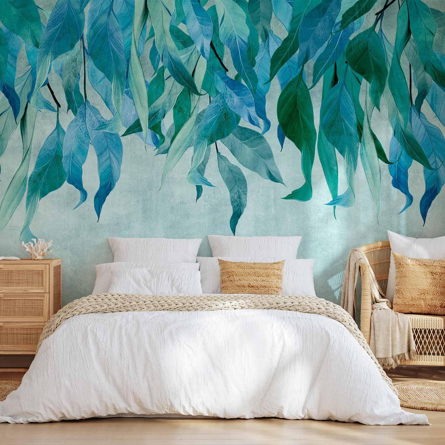 artgeist Premium Wall Mural Hanging Leaves 79x55 in - Non-Woven Wallpaper Fleece Wall Decor Photo Print Picture Image Design Nature Botanical Concrete Green Blue b-C-10146-a-b
