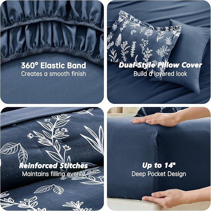 MUXHOMO Navy Blue King Comforter Set, Elegant Floral Print Bed in a Bag 7 Pieces, Ultra Soft & Breathable Reversible Botanical Pattern Bedding Set with Comforter, Sheets, Pillowcases, and Shams