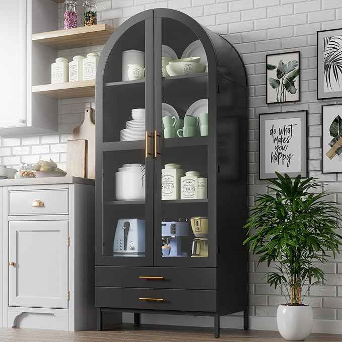 Metal Arched Pantry Cabinet with 2 Drawers and Glass Doors,Black Arched Bookcase with 2 Adjustable Shelf for Kitchen Home Office,Installation Required,Black