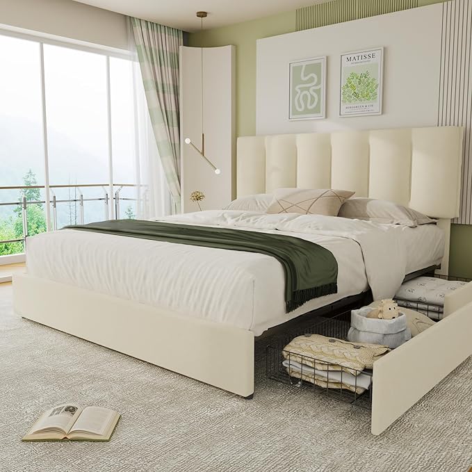 VECELO King Size Bed Frame with 4 Storage Drawers, Adjustable Height Headboard, Heavy-Duty Bedframe with Strong Wooden Slats, No Box Spring Needed, Pale Beige