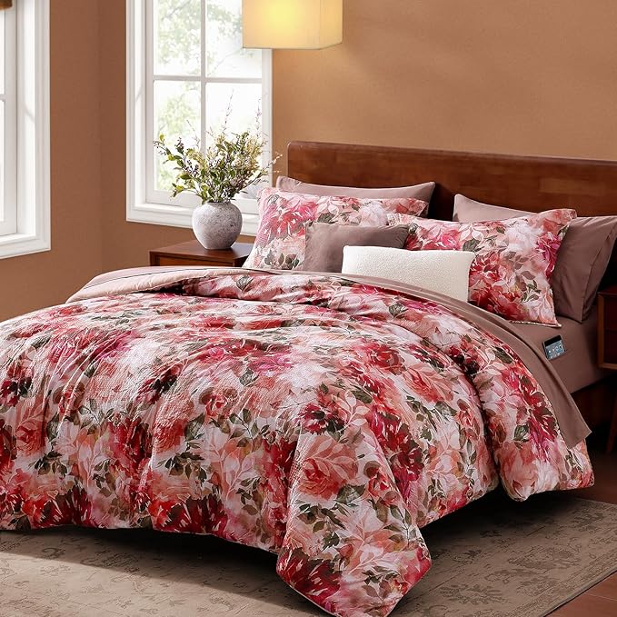 CASAAGUSTO Queen Comforter Set, 7 PCS Red Rose Floral Comforter Set with Flowers Leaves Pattern, Soft Seersucker Design All Season Queen Size Bedding Set(90"X90")