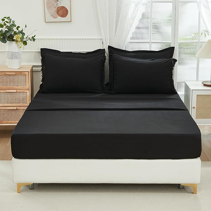 Andency Black Full Size Comforter Set with Sheets - 7 Pieces Boho Tassel Bed in a Bag Soft Lightweight Bedding Sets, Black Fringe Bed Set with Comforter, Sheets, Pillowcases & Shams