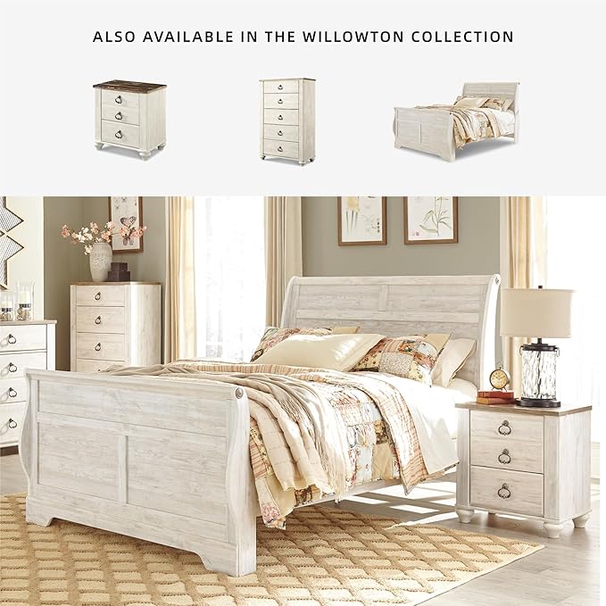Signature Design by Ashley Willowton Farmhouse 2 Drawer Nightstand with USB Charging Ports, 25.67" Tall, Whitewash