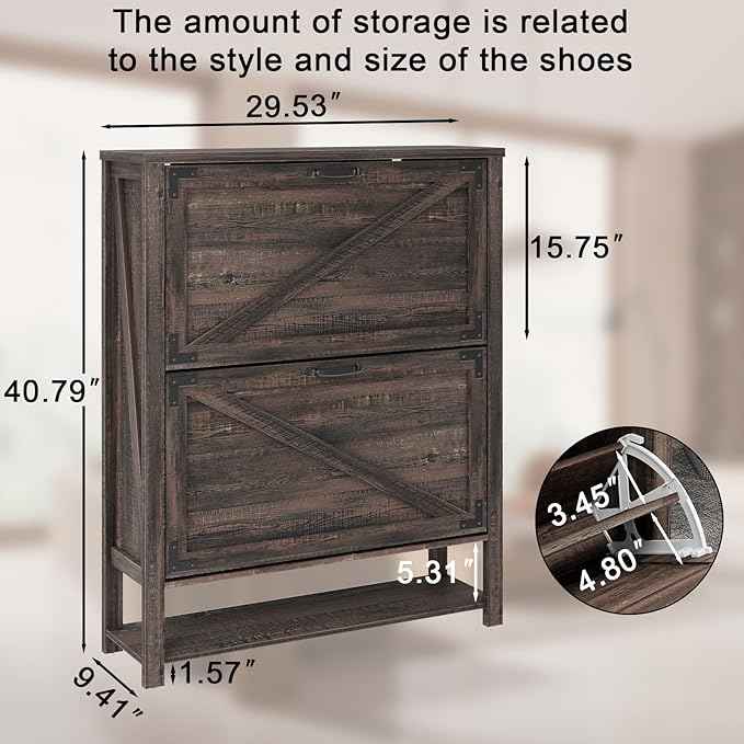Vabches Shoe Storage Cabinet, 5-Tier Farmhouse Freestanding Organizer with 2 Flip Drawers, Wooden Shoes Rack Cabinets Storage Organizer with Doors for Entryway, Hallway, Closet, Dark Oak