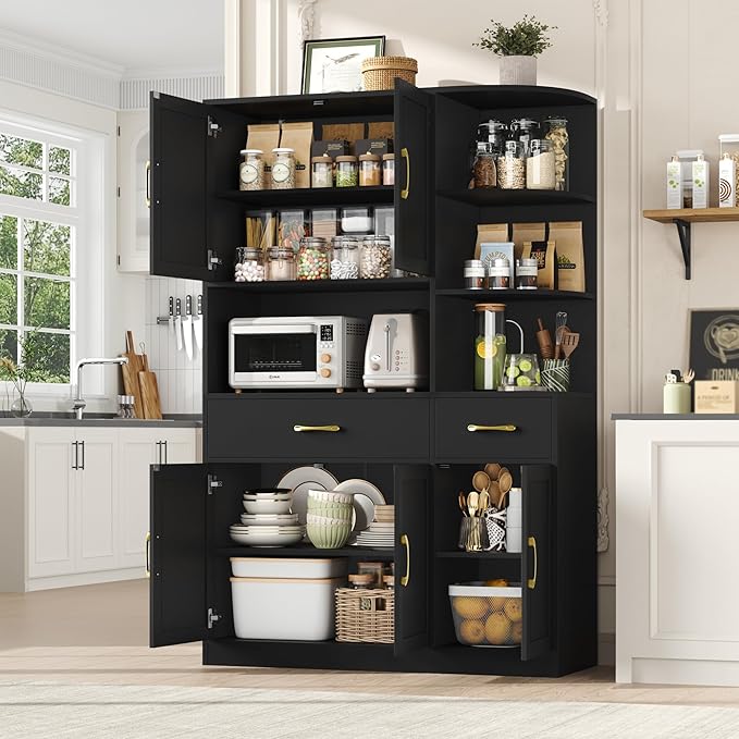 67" Kitchen Pantry Cabinet, Modern Kitchen Hutch with 5 Doors and 2 Drawers, 3-Tier External Shelf, Large Pantry Storage Cabinet with Microwave Stand for Dining Room, Black