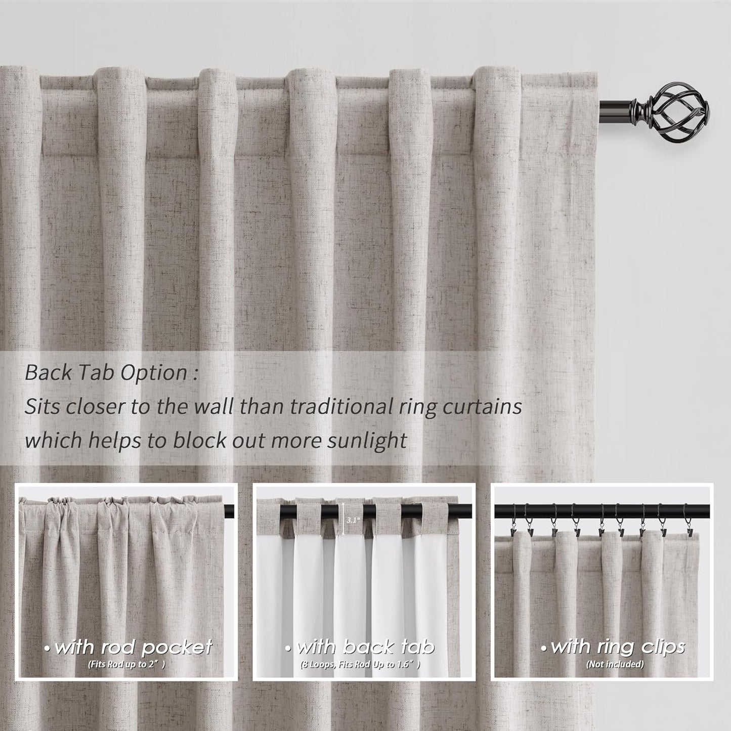 BOODII Room Darkening Curtains 120 Inch Back Tab Thermal Insulated Black Out Linen Drapes Extra Long Blackout Curtains for Patio Door Large Window Ceiling to Floor Light Blocking Brownish Grey 52x120
