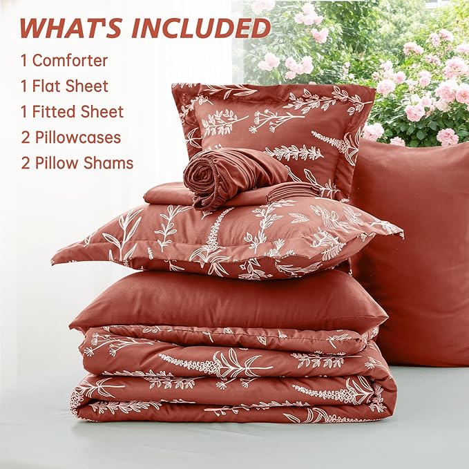 MUXHOMO Terracotta Full Comforter Set, Elegant Floral Print Bed in a Bag 7 Pieces, Ultra Soft & Breathable Reversible Botanical Pattern Bedding Set with Comforter, Sheets, Pillowcases, and Shams