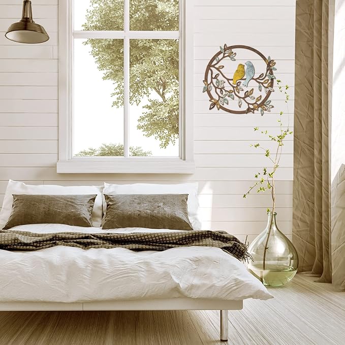 Ferraycle Metal Wall Art Bird on Tree Branch Silhouette Bird Art Decor for Living Room Garden Bedroom Office Home Wall Housewarming Party Decor(Trendy Color)