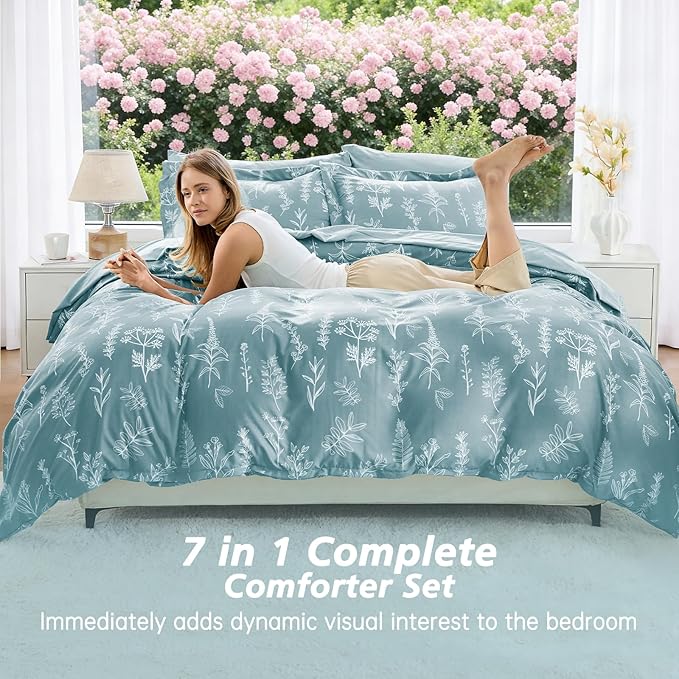 MUXHOMO Blue Full Comforter Set, Elegant Floral Print Bed in a Bag 7 Pieces, Ultra Soft & Breathable Reversible Botanical Pattern Bedding Set with Comforter, Sheets, Pillowcases, and Shams