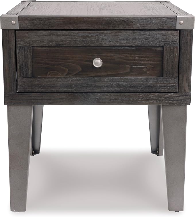 Signature Design by Ashley Todoe Industrial Square End Table with 1 Drawer, 2 Outlets and 2 USB Charging Ports, Dark Gray with Weathered Pine Finish