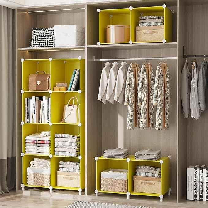 AWTATOS Cube Storage Organizer, Storage Cubes Shelves, 16 Cube Closet Organizers and Storage, DIY Stackable Bookshelf Plastic Clothes Organizer Shelving for Bedroom, Home, Yellow
