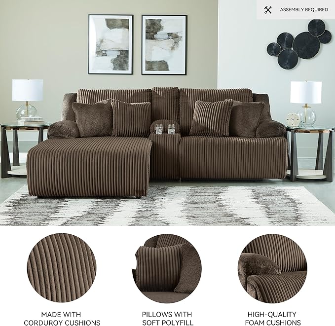 Signature Design by Ashley Top Tier Contemporary L-Shaped Left-Arm Facing 3-Piece Reclining Sectional Sofa with Chaise, Console Storage and 4 Accent Pillows, Dark Brown
