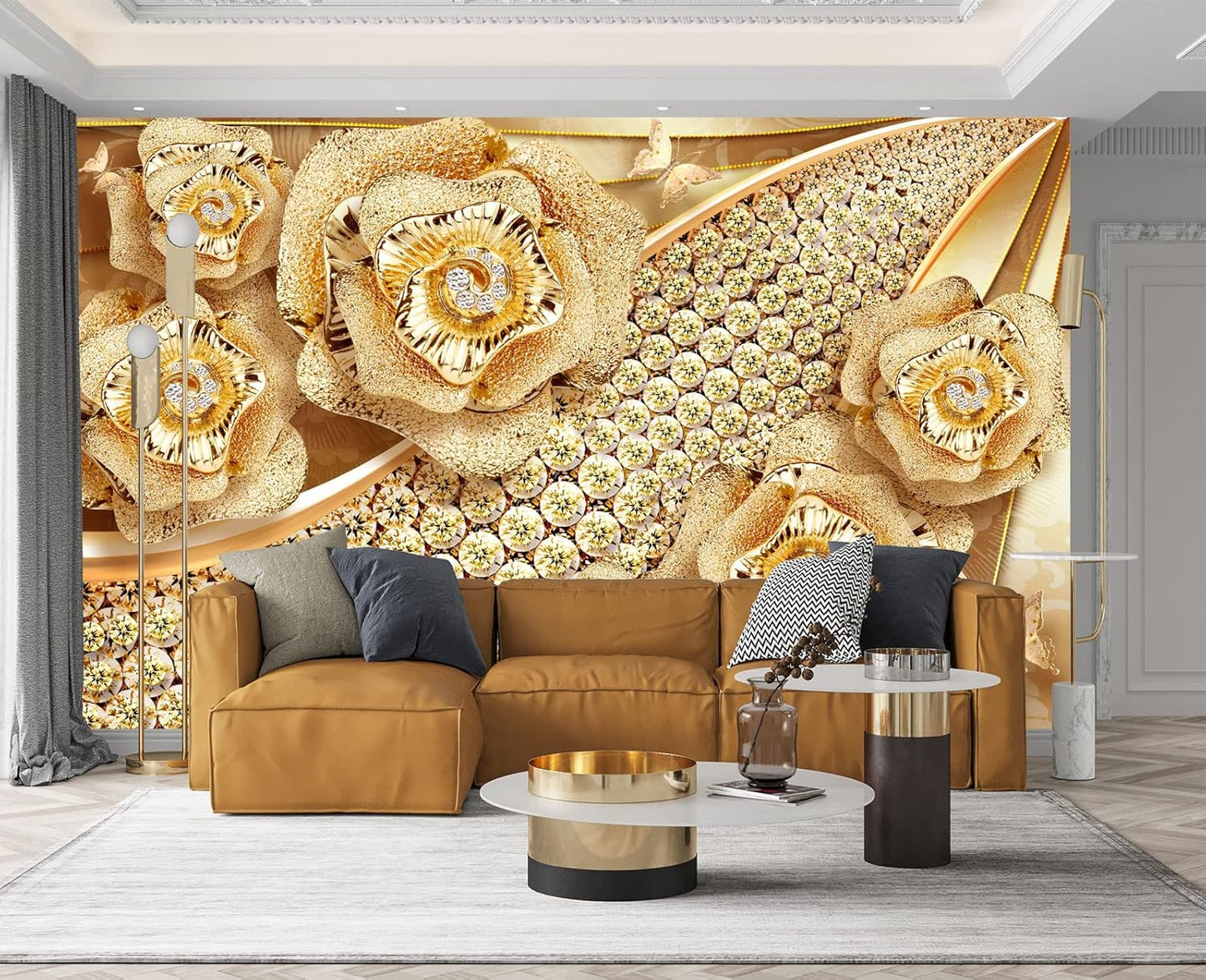 Golden Jewelry Diamond Rose Butterfly Wall Mural Wallpaper for Bedroom 178" x 117"