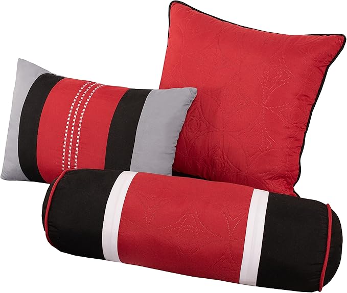 Chezmoi Collection 7-Piece Quilted Patchwork Comforter Set, Red/Gray/Black, Queen