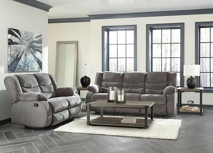 Signature Design by Ashley Tulen Reclining Loveseat, Dual-sided Recliner, Pull Tab Reclining Motion, Fabric Upholstery, 63" W x 40" D x 40" H, Dark Gray