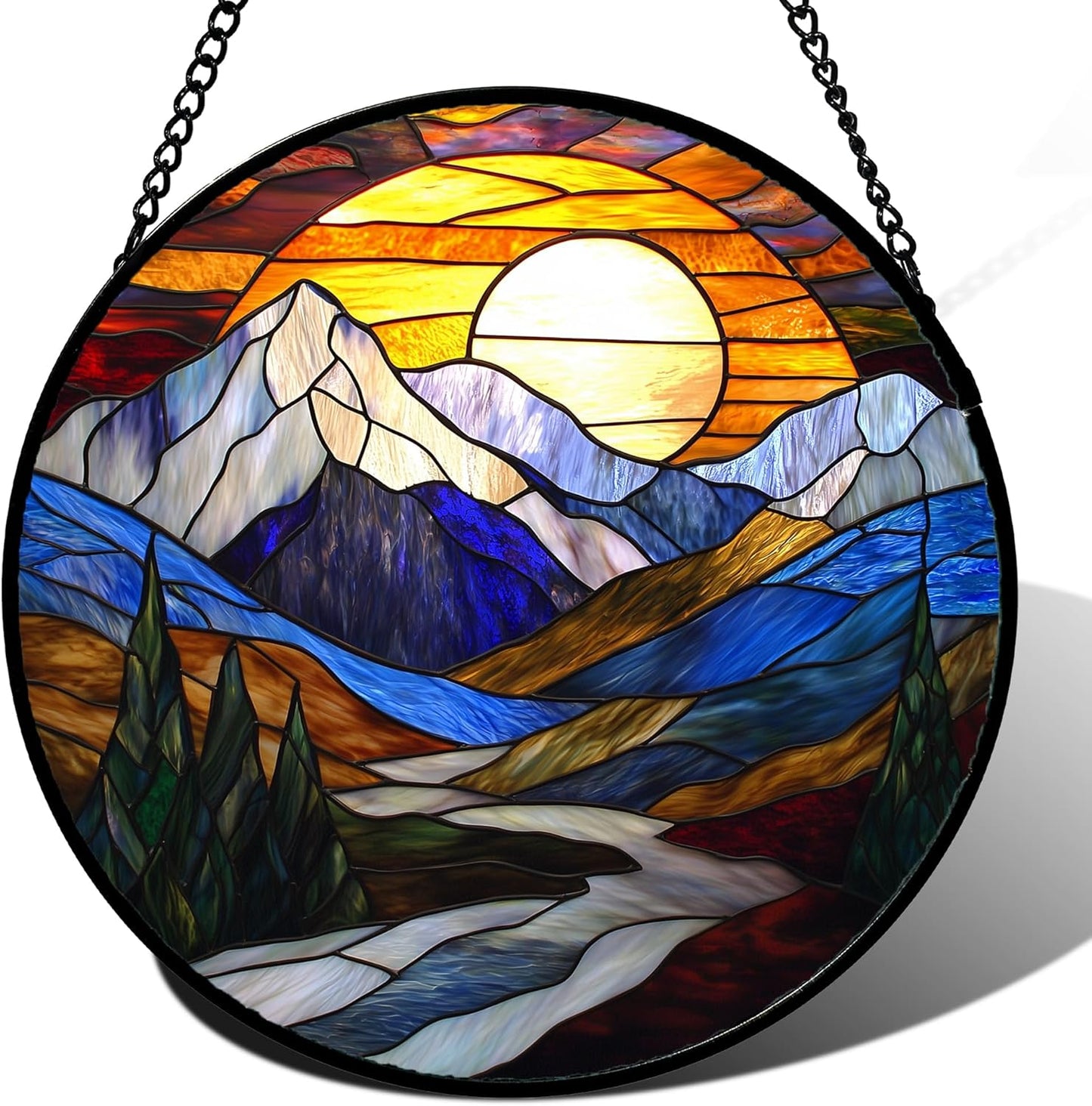 Stained Glass Window Hanging, Yellow Blue Sunset Mountains Scenery Sun Catcher for Window Home Decor Landscape Suncatcher Mother's Day Birthday Gifts for Women Men Mom and Nana 15 in
