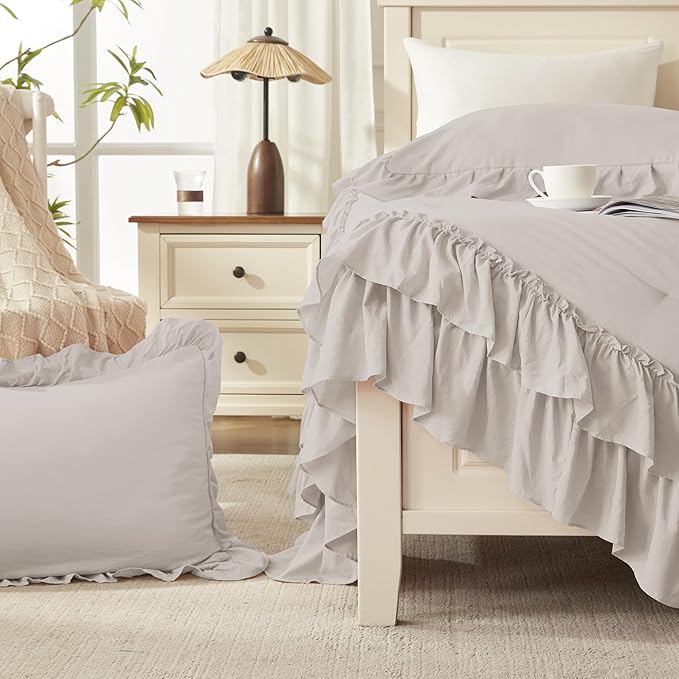 Andency Linen King Comforter Set (104x90Inch), 3 Pieces Ruffle Bedding Set with 2 Pillowcases, Farmhouse Shabby Chic Lightweight Fluffy Soft All Season Bed Set
